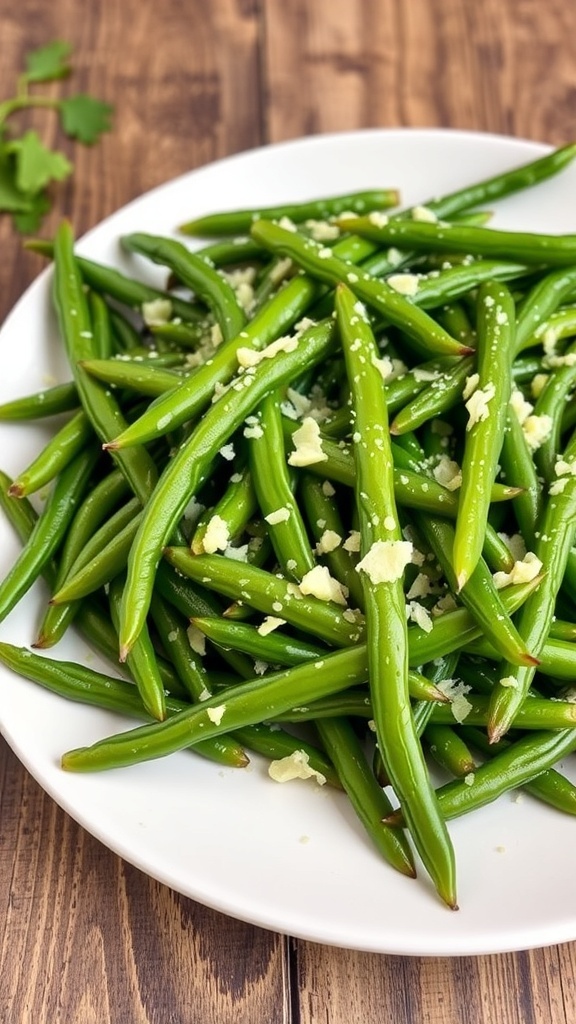 Sautéed green beans with garlic and parmesan cheese on a white plate, garnished with parsley.